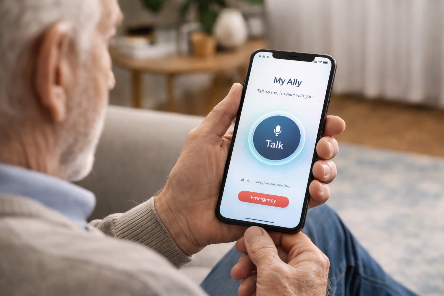 Adult child and parent using smartphone care support